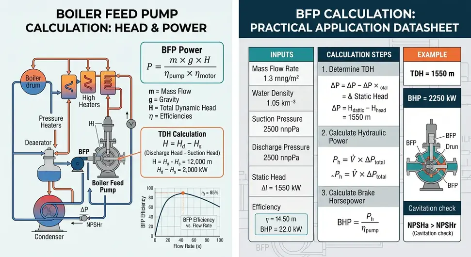 Industrial boiler feed pump calculation head and power analysis datasheet